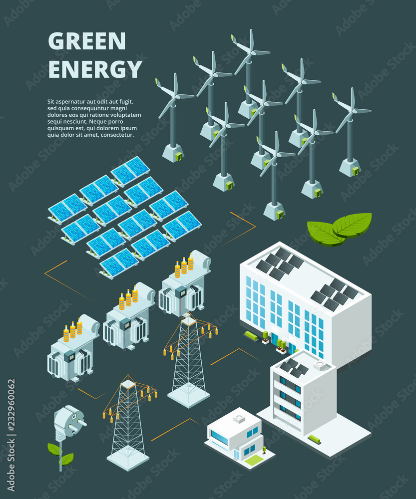 Sticker Electrical green power station. Electric powerhouse energy grid distribution industrial city isometric vector 3d concept. Illustration of station electricity, energy power green