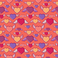 Fototapeta premium Flying hearts seamless pattern, vector texture