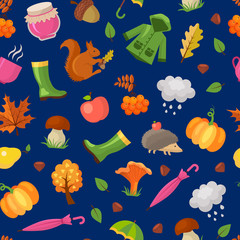 Obraz na płótnie Canvas Vector cartoon autumn elements and leaves pattern or background illustration. Autumn background pattern with umbrella and mushroom
