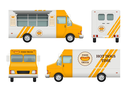 Mobile restaurant identity. Business tools of corporate style for fast catering kitchen and fast food truck vector logo blank templates. Illustration of food catering truck, restaurant vehicle