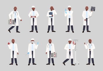 Collection of African American male doctor, physician or surgeon standing in different postures. Bundle of black man dressed in white coat holding medical tools. Flat cartoon vector illustration.