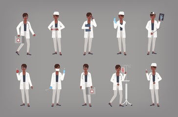 Set of African American female doctor, physician or surgeon standing in various positions. Bundle of black woman in white coat holding medical equipment. Flat cartoon colorful vector illustration.