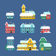 Snow roof houses. Cold season urban snowy city snowstorm with snowflakes vector flat illustrations. Home roof snowy, house in snowstorm and snowflake