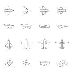 Airplane outline icons. Airline passenger aircraft symbols travelling vector monoline pictures isolated. Aircraft and airplane transportation, passenger outline transport illustration