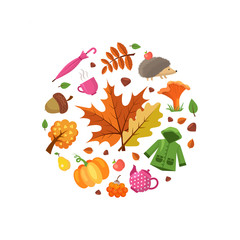 Vector cartoon autumn elements and leaves in circle shape illustration. Autumnal label emblem with apple and coat, tea and pear