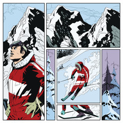 Collage on theme skiing. Stock illustration.