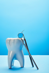 close up view of tooth model, dental mirror and probe on blue backdrop