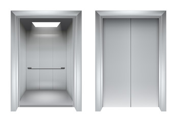 Elevator doors. Closing and opening lift metallic in office building vector realistic 3d pictures. Illustration of lift door and elevator for office or hotel © ONYXprj