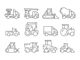 Construction vehicles. Heavy machinery for builders trucks lifting crane bulldozer vector linear symbols isolated. Illustration of machine building, transport earthmover and truck