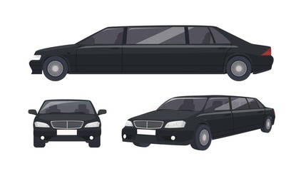 Luxury black limousine isolated on white background. Elegant premium luxurious motor vehicle, car or automobile. Set of front and side views. Colorful vector illustration in flat cartoon style.