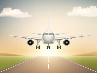 Naklejka na ściany i meble Jet aeroplane on runway. Aircraft takeoff from civil airline to blue sky realistic vector background illustrations. Travel plane in air, aircraft flight transportation