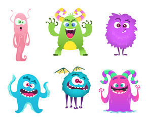 Monsters mascot. Furry cute gremlin troll bizarre funny toys vector cartoon characters isolated. Character scary and funny, cheerful monster goblin. Vector illustration
