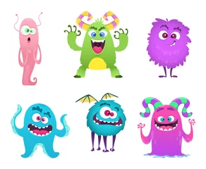 Meubelstickers Monster Monster mascotte. Harige schattige gremlin troll bizarre grappige speelgoed vector stripfiguren geïsoleerd. Karakter enge en grappige, vrolijke monsterkobold. vector illustratie