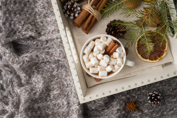 Fototapeta na wymiar Hot chocolate with marshmallow cinnamon sticks, anise, nuts on wooden tray, Christmas concept