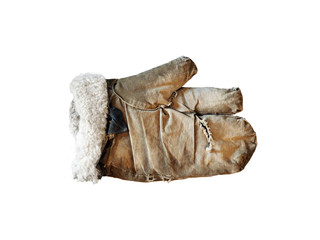 Old winter work glove with sheep fur isolated on the white background. Retro three-fingered mitten