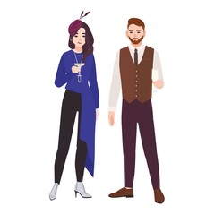 Young romantic couple dressed in elegant stylish clothes isolated on white background. Fashionable man and woman drinking champagne or cocktail at party. Colorful flat cartoon vector illustration.