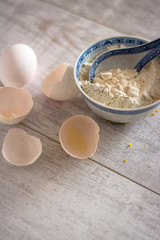 egg and shells, milk bottle