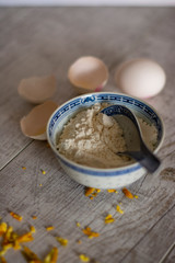 egg and shells, milk bottle