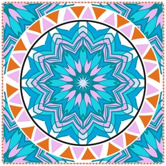 Ornamental floral print with color mandala. For design of carpet, shawl, pillow, cushion. Vector illustration