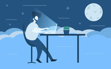 A web designer freelancer works for a laptop at night. Flat style. Remote work.
