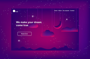 Landing page template. Night theme. Starry sky, crescent moon and clouds on the thread.