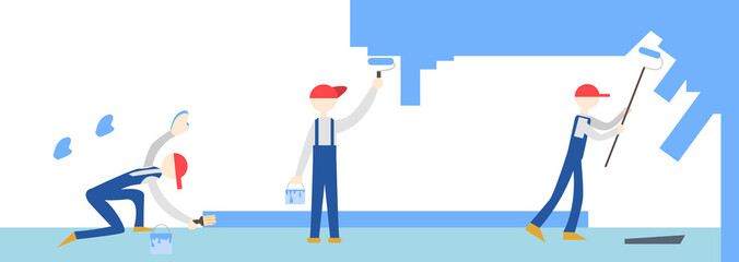 Painters paint the white wall in blue. Repair services.