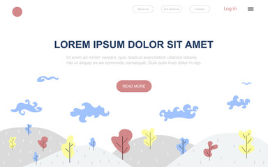 Obraz premium Template design of the landing page with trees and hills. Nature in a flat style.