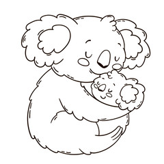 Cute koala mother and baby. Black and white outline illustration. Coloring book page. © Евгения Прусакова