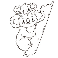 Cute koala mother and baby. Black and white outline illustration. Coloring book page.