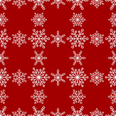 Naklejka na ściany i meble Winter seamless pattern with lines of white snowflakes on red background.