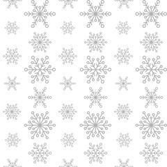 Winter seamless pattern with flat silver grey snowflakes on white background. New Year backdrop.