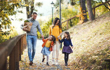 A young family with children walking in park in autumn.