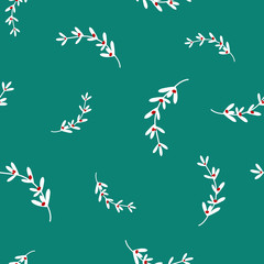 hand drawn red and white omela holly berry on turquoise background. seamless winter pattern.
