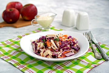 Coleslaw of red and white cabbage, carrots and apples in a white plate. Served with dressing of mayonnaise, sour cream and apple juice. Healthy food.