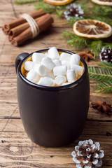 Hot chocolate with marshmallow cinnamon sticks, anise, nuts on wooden background, Christmas concept
