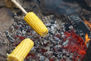 Maiskolben über dem Feuer