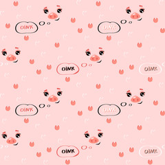 Seamless pattern with cute pigs faces and hooves