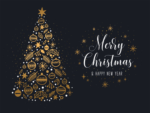 Merry Christmas and Happy New Year greeting card. Vector illustration of a golden Christmas tree and white cursive inscription with glitter. Isolated on a black background.