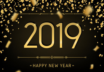 Happy New Year 2019 premium design. Greeting card template 2019 with golden glitter confetti. Vector black party illustration of date 2019 year. Celebrate brochure, flyer, banner, calendar, background