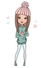 Fashionable girl vector cute character casual winter outfit. Hand drawn doodle style. Fashion and style, clothing and accessories. Vector illustration for a postcard or poster.