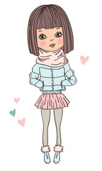 Fashionable girl vector cute character casual winter outfit. Hand drawn doodle style. Fashion and style, clothing and accessories. Vector illustration for a postcard or poster.