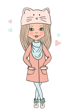 Fashionable girl vector cute character casual winter outfit. Hand drawn doodle style. Fashion and style, clothing and accessories. Vector illustration for a postcard or poster.