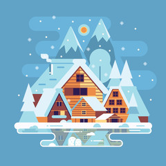 Obraz premium Snowy landscape with winter village in the mountains. Alp countryside with snow houses, wooden cabins and chalets on frozen lake by wintertime.