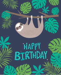 Happy Birthday card with cute sloth and tropical plants. Editable vector illustration © miobuono