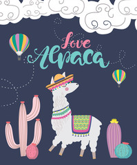 Love Alpaca card for holiday and decoration with cute Llama and cactus. Editable vector illustration