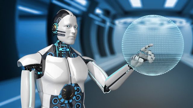 A robot clicks on a lowpoly globe in a futuristic room. 3d Animation.