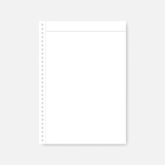 Hole punched A4 white paper sheet with margins for spiral notebook
