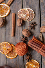 cinnamon sticks and star anise on wooden background