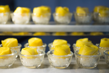 Coconut sticky rice with mango cut rose shape