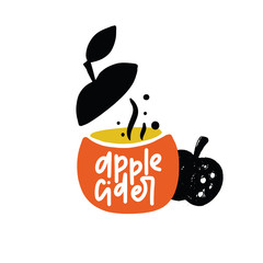 Apple cider. . Hand written lettering. Illustration of glass and apple with the name of drink inside. Vector.